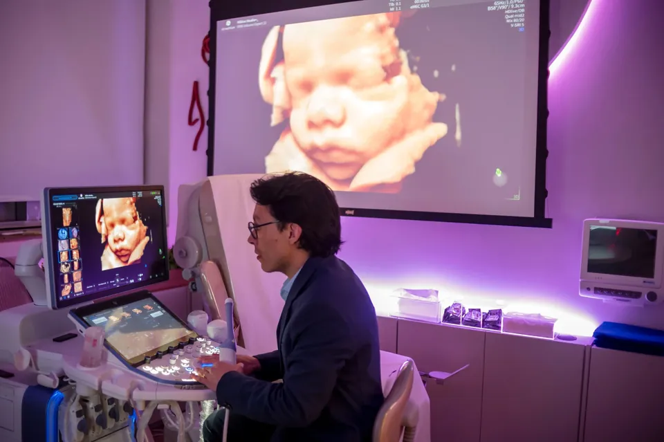 Dr. Héctor Burbano fazendo ultrassom obstétrico 3D com projeção em tela grande